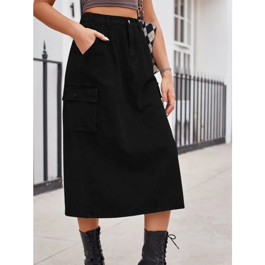 Slit Buttoned Denim Skirt with Pockets