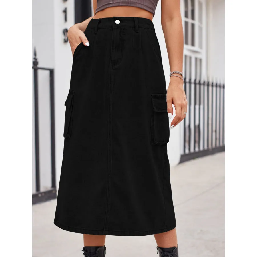 Slit Buttoned Denim Skirt with Pockets