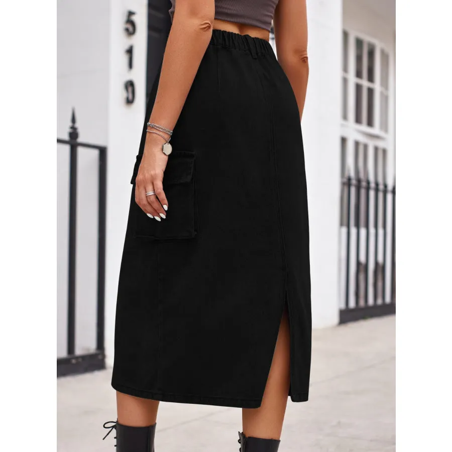 Slit Buttoned Denim Skirt with Pockets