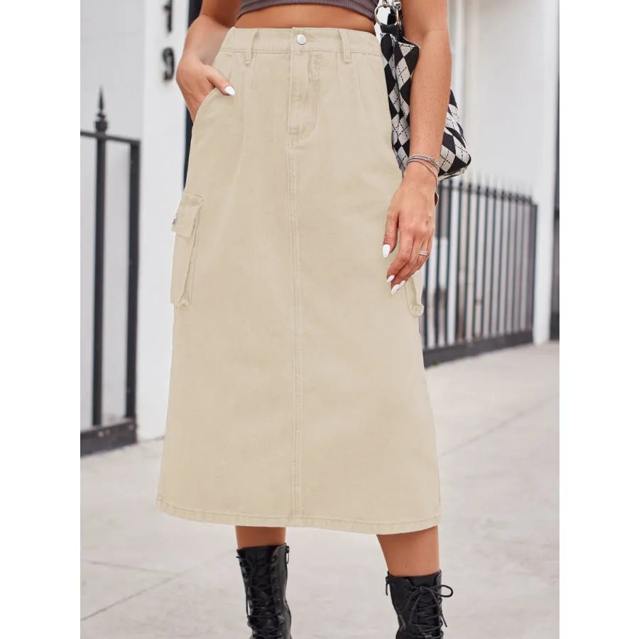 Slit Buttoned Denim Skirt with Pockets