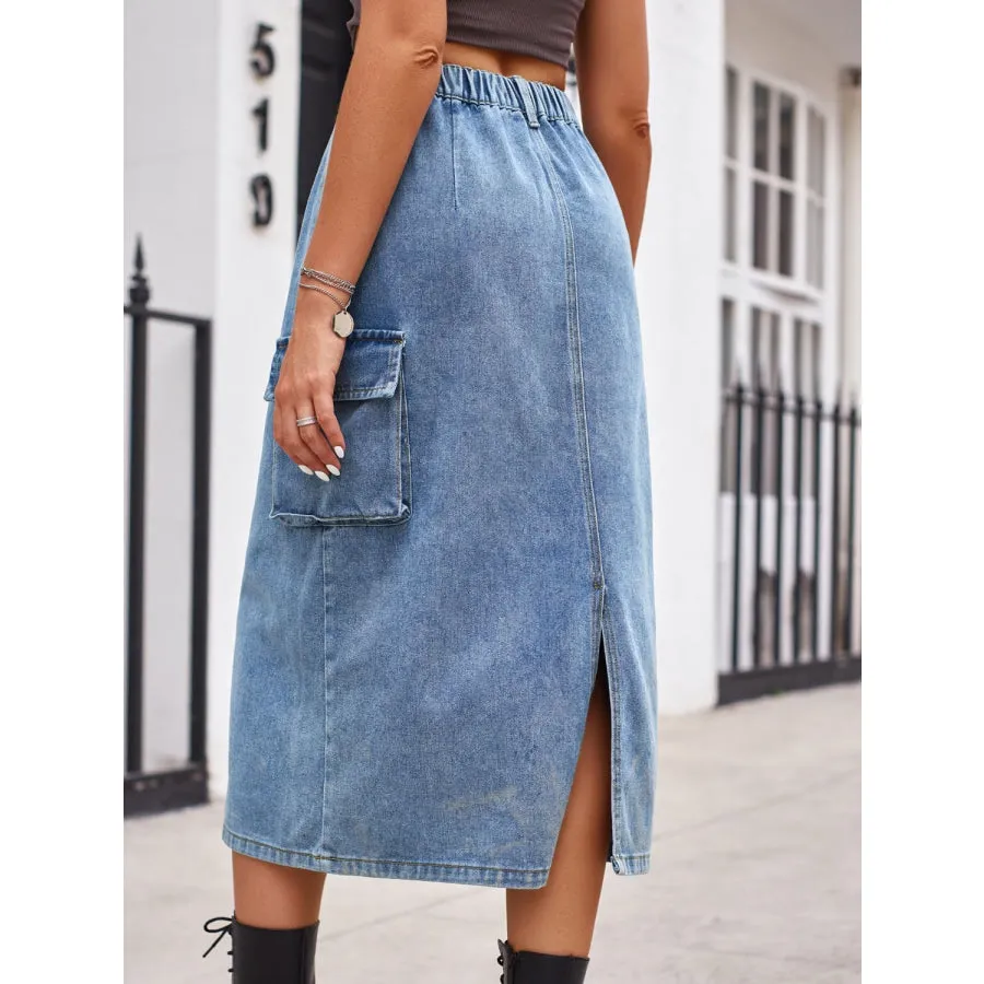 Slit Buttoned Denim Skirt with Pockets