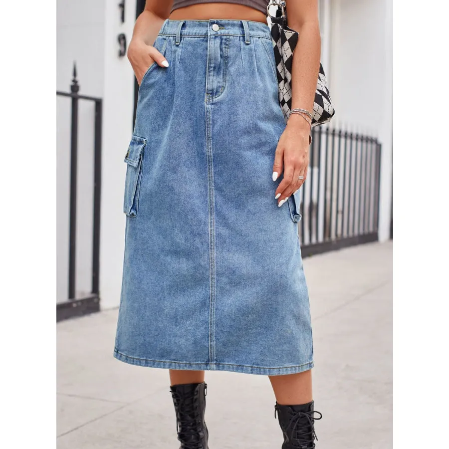 Slit Buttoned Denim Skirt with Pockets