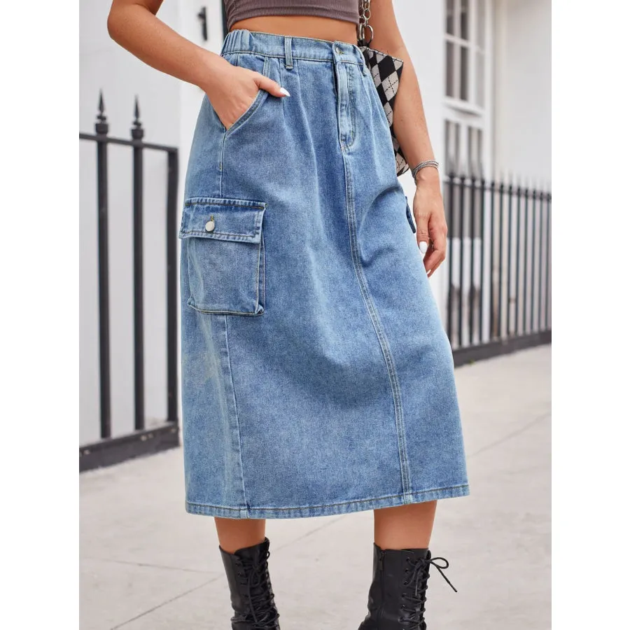 Slit Buttoned Denim Skirt with Pockets