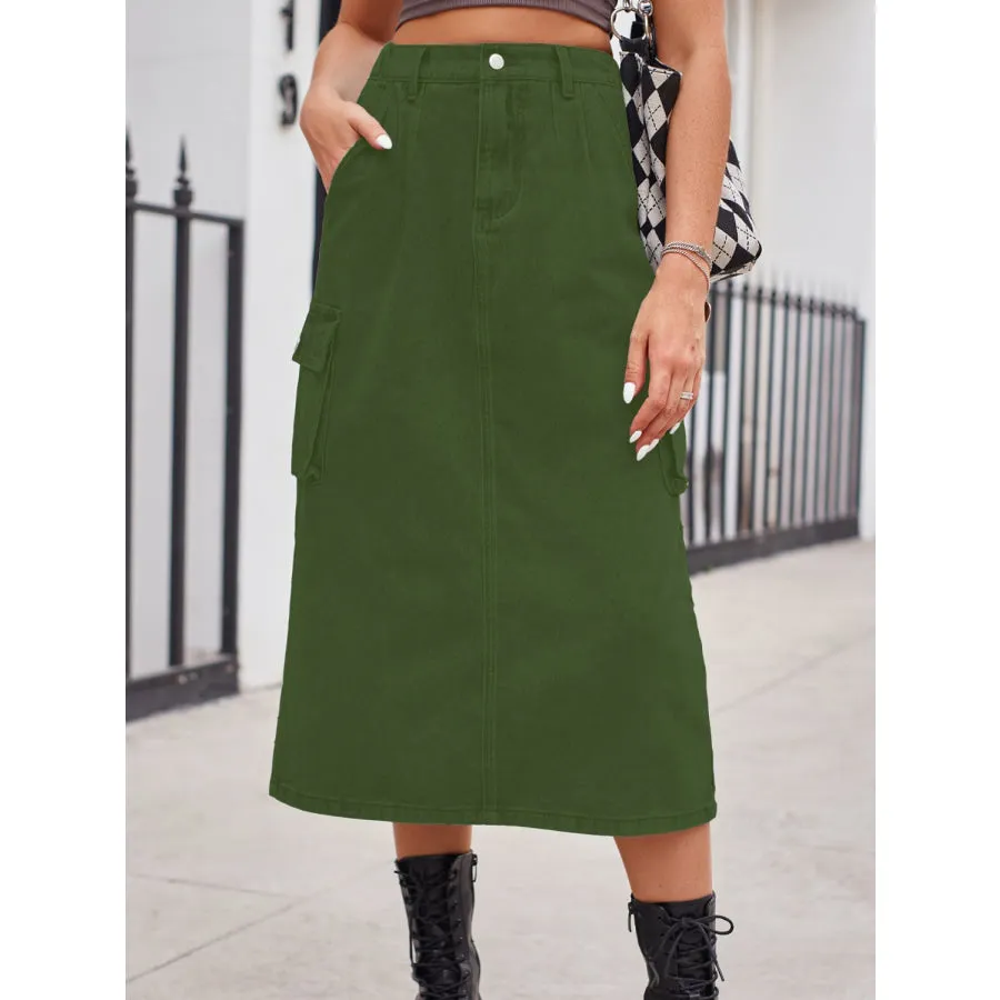 Slit Buttoned Denim Skirt with Pockets