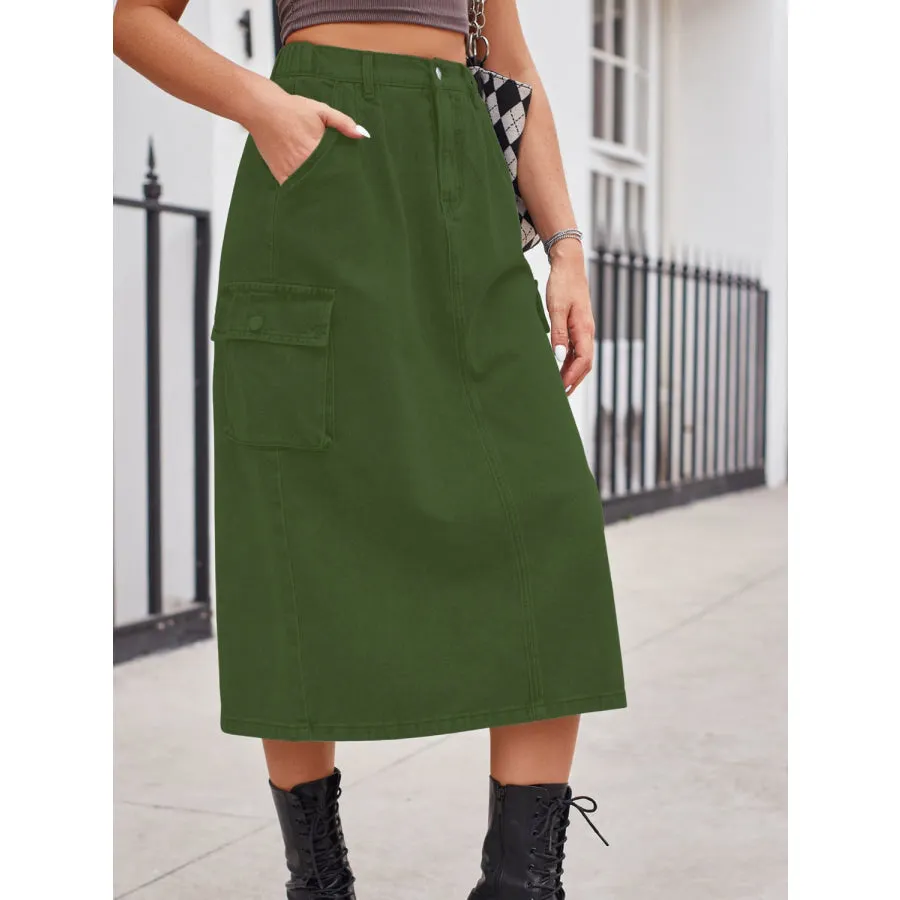 Slit Buttoned Denim Skirt with Pockets