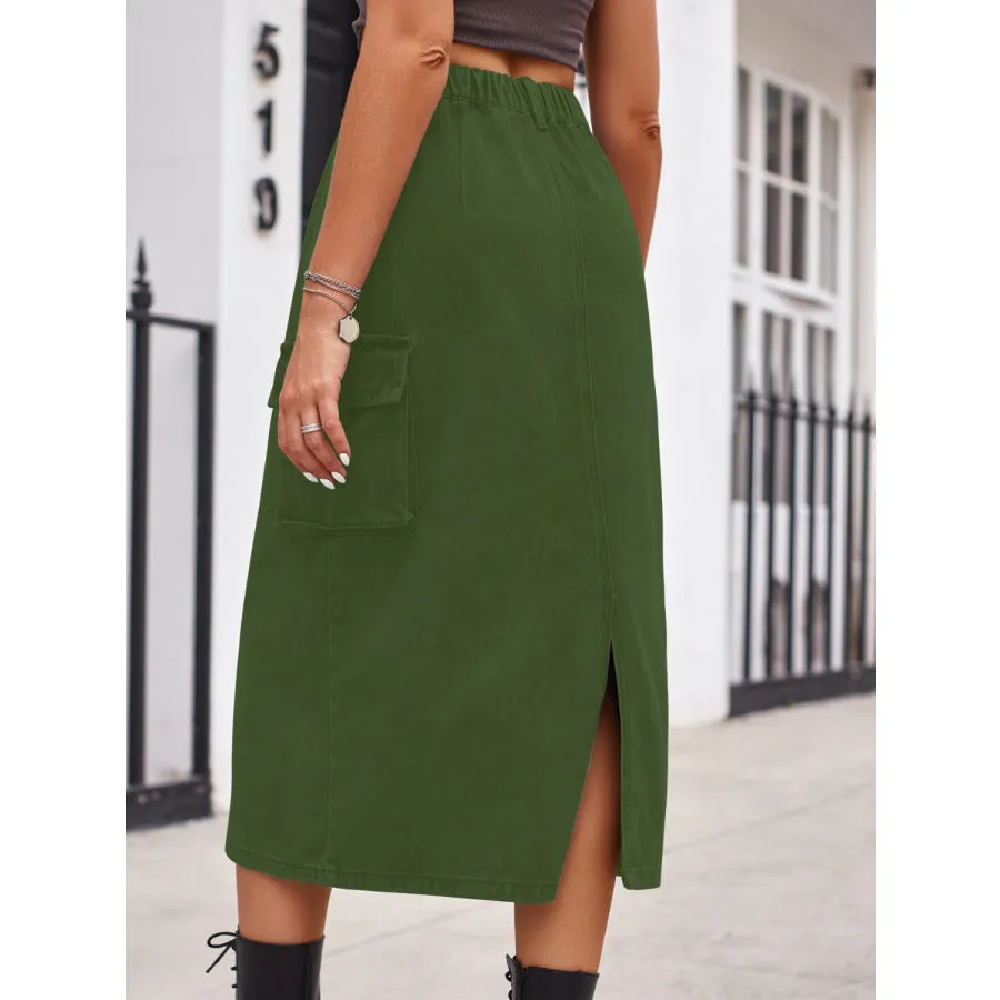 Slit Buttoned Denim Skirt with Pockets