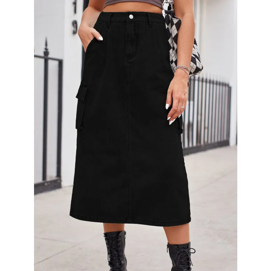 Slit Buttoned Denim Skirt with Pockets