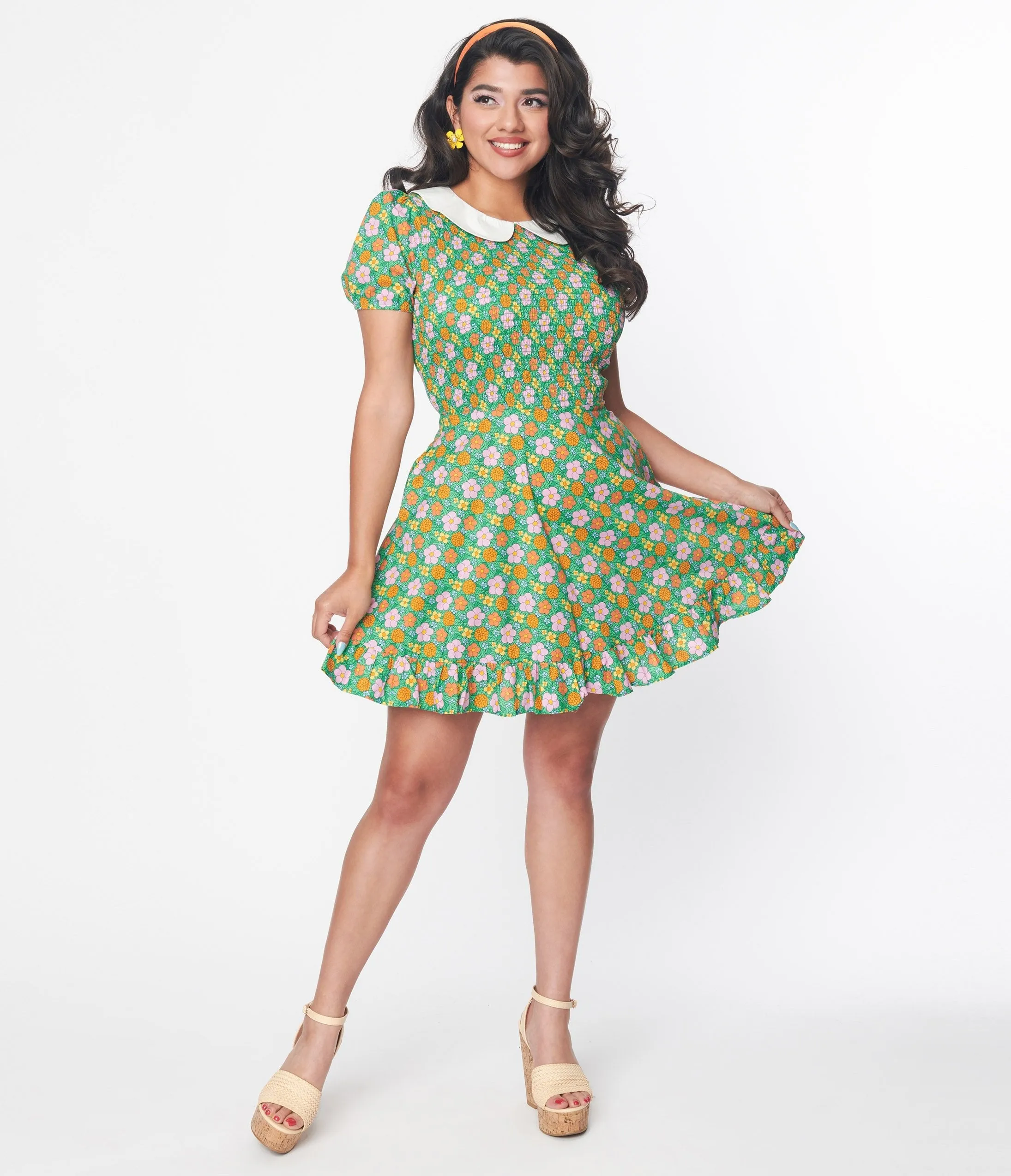 Smak Parlour 1960s Green Floral Smocked Fit & Flare Dress