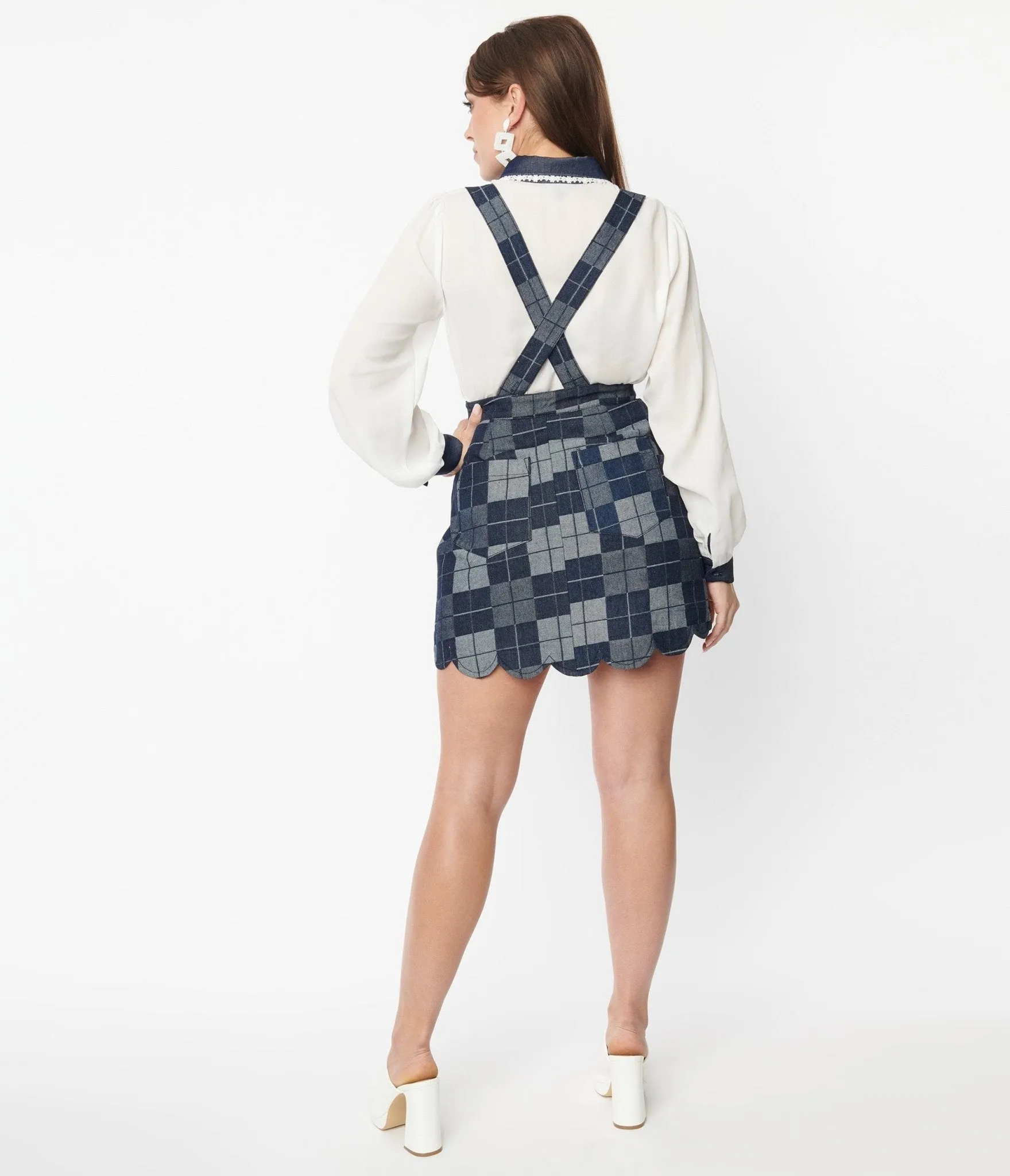 Smak Parlour Dark Denim Check Suspender Skirt