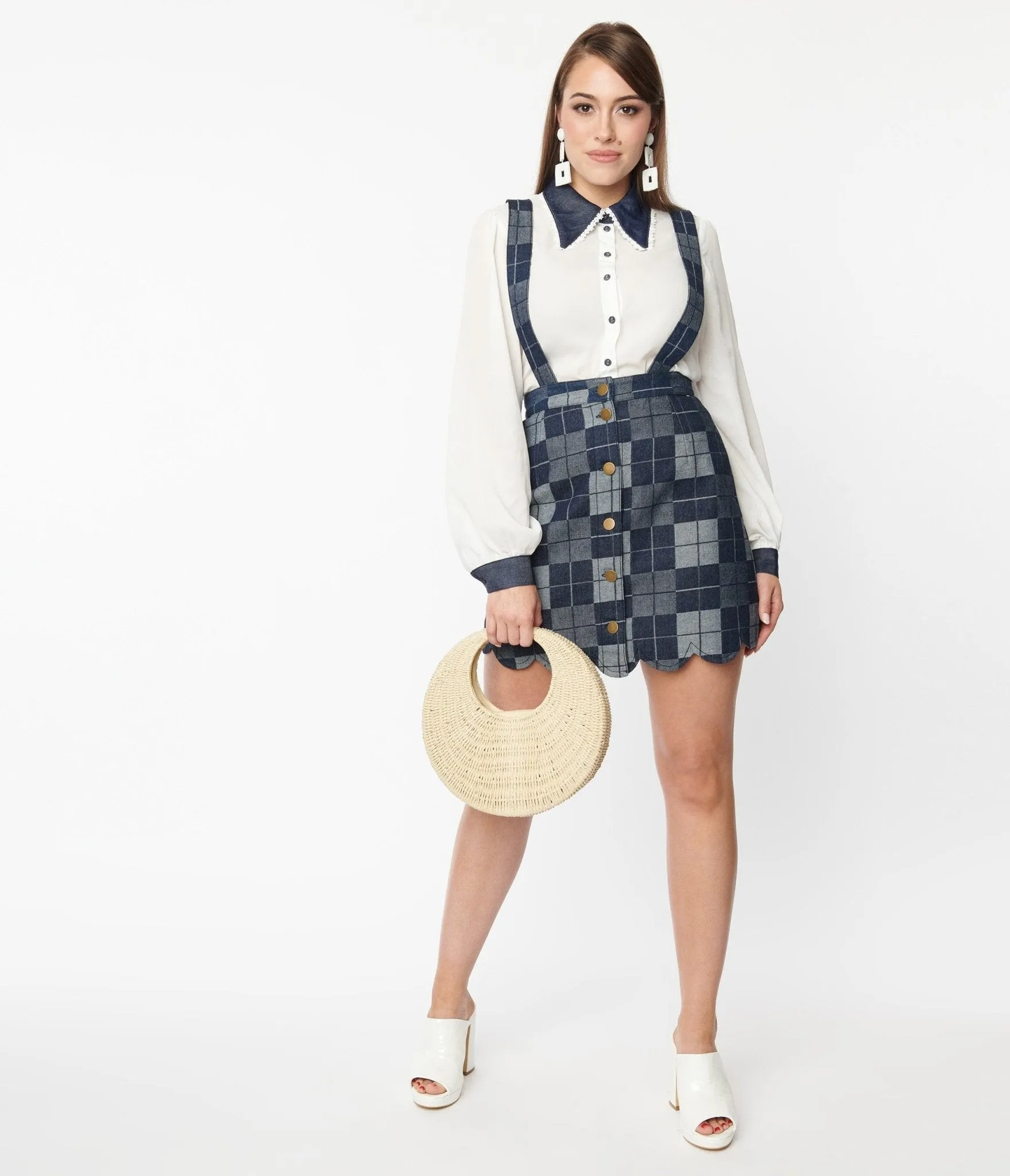 Smak Parlour Dark Denim Check Suspender Skirt