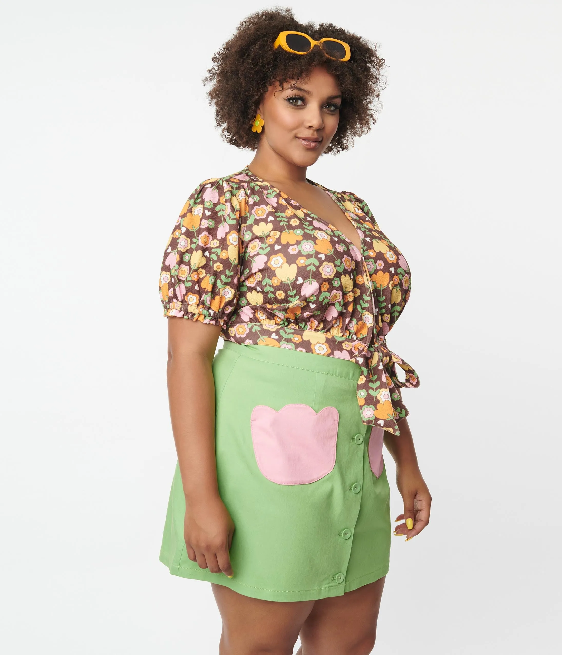 Smak Parlour Plus Size Green & Pink Tulip Match Game Skirt