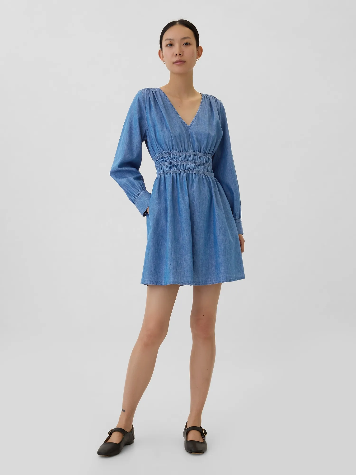 Smocked Denim Mini Shirtdress