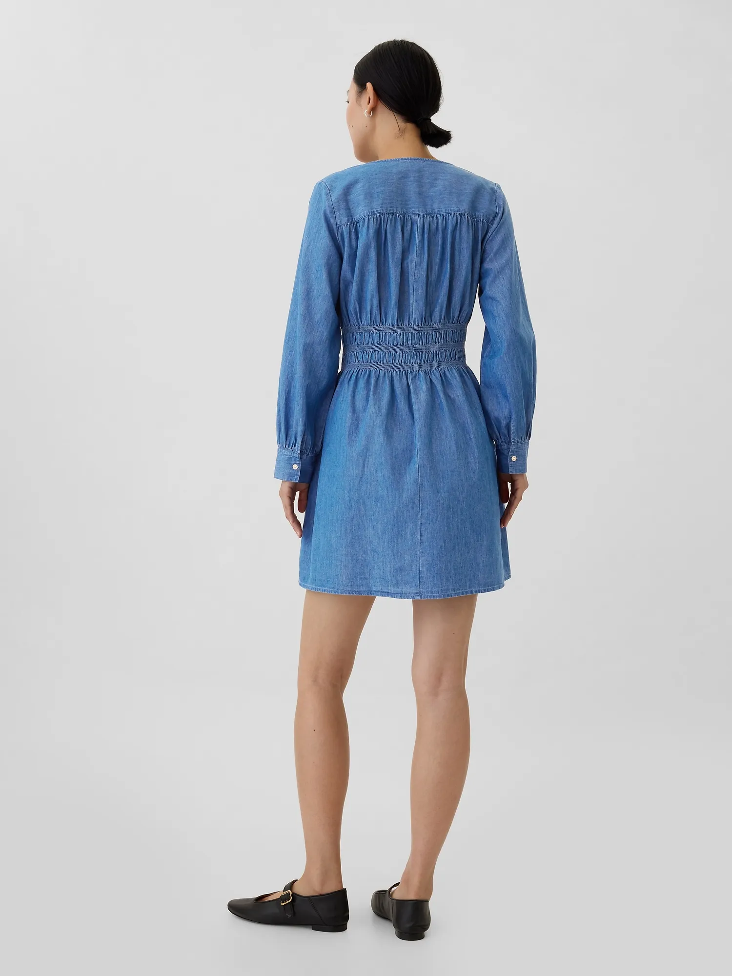 Smocked Denim Mini Shirtdress