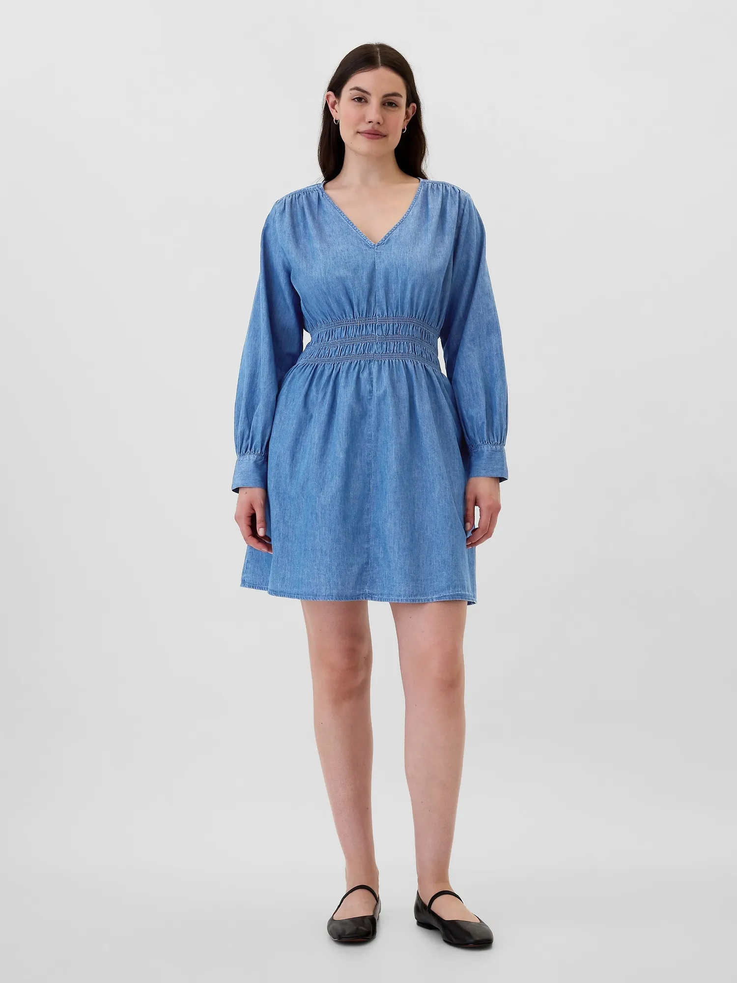 Smocked Denim Mini Shirtdress