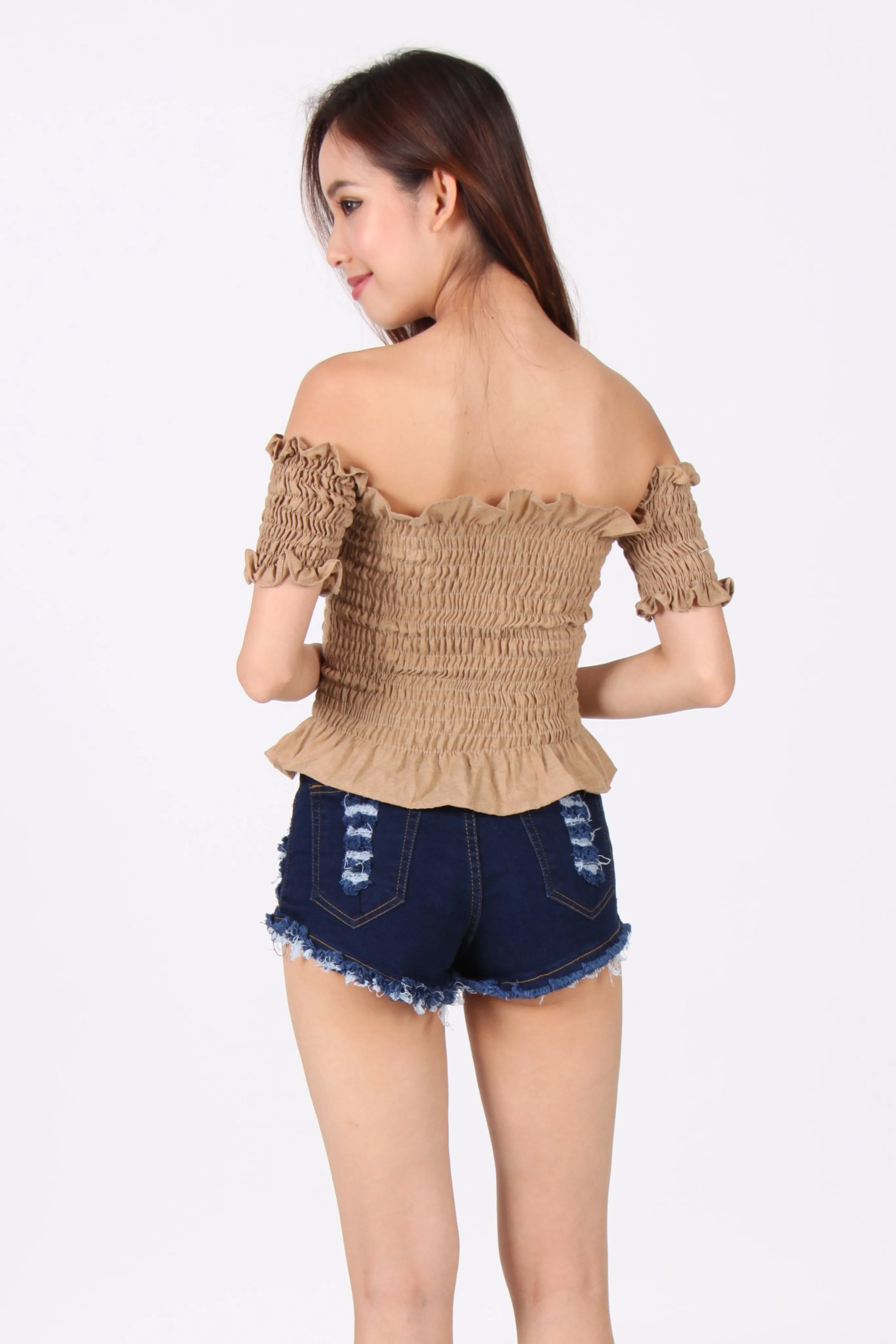 Smocked Ruffles Off Shoulder Top in Brown