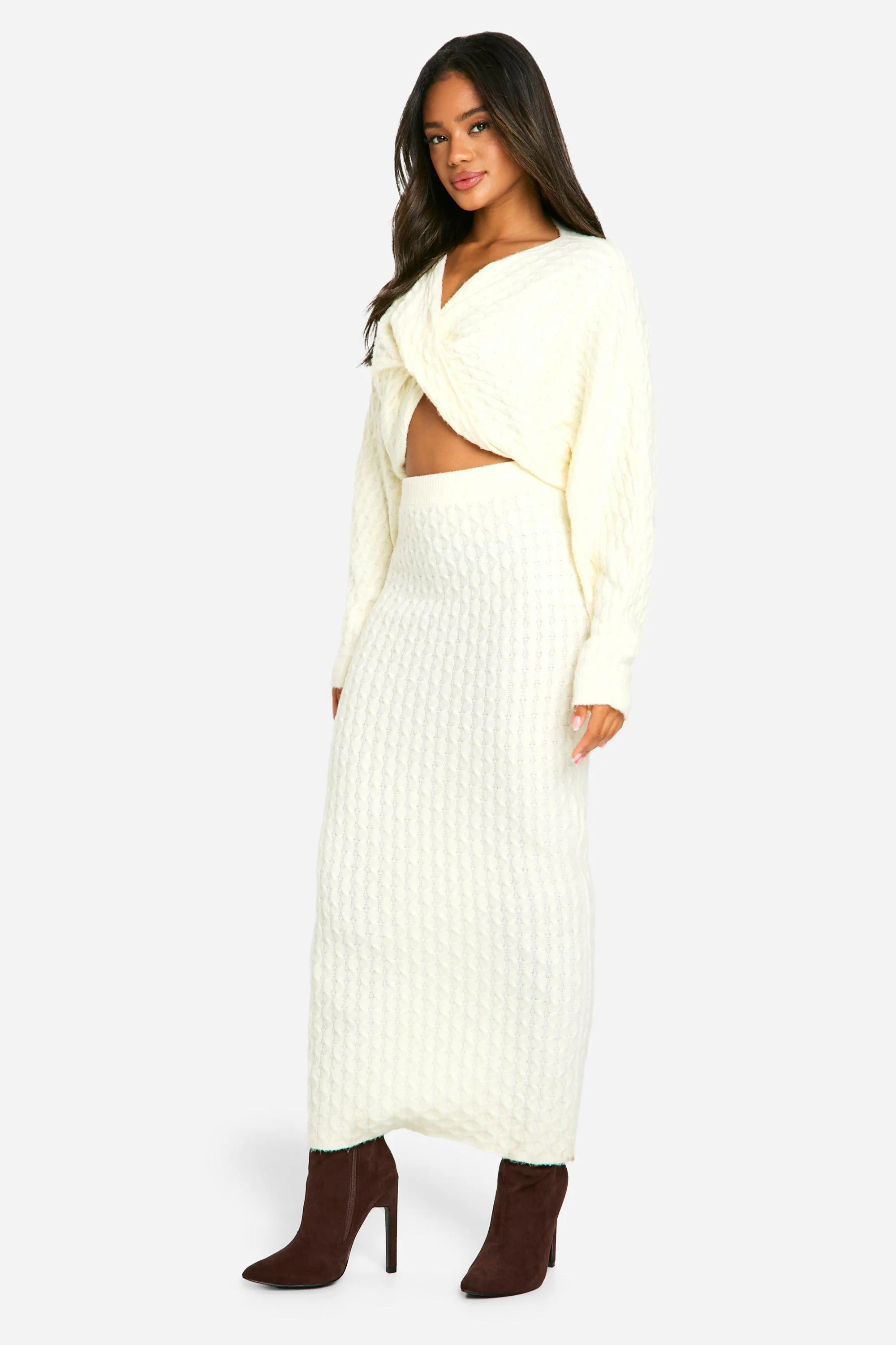 Soft Cable Twist Front Crop Jumper And Maxi Skirt Set