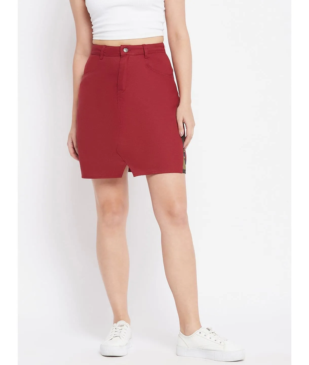 Stretchable Knee length Side Patch Denim Skirt