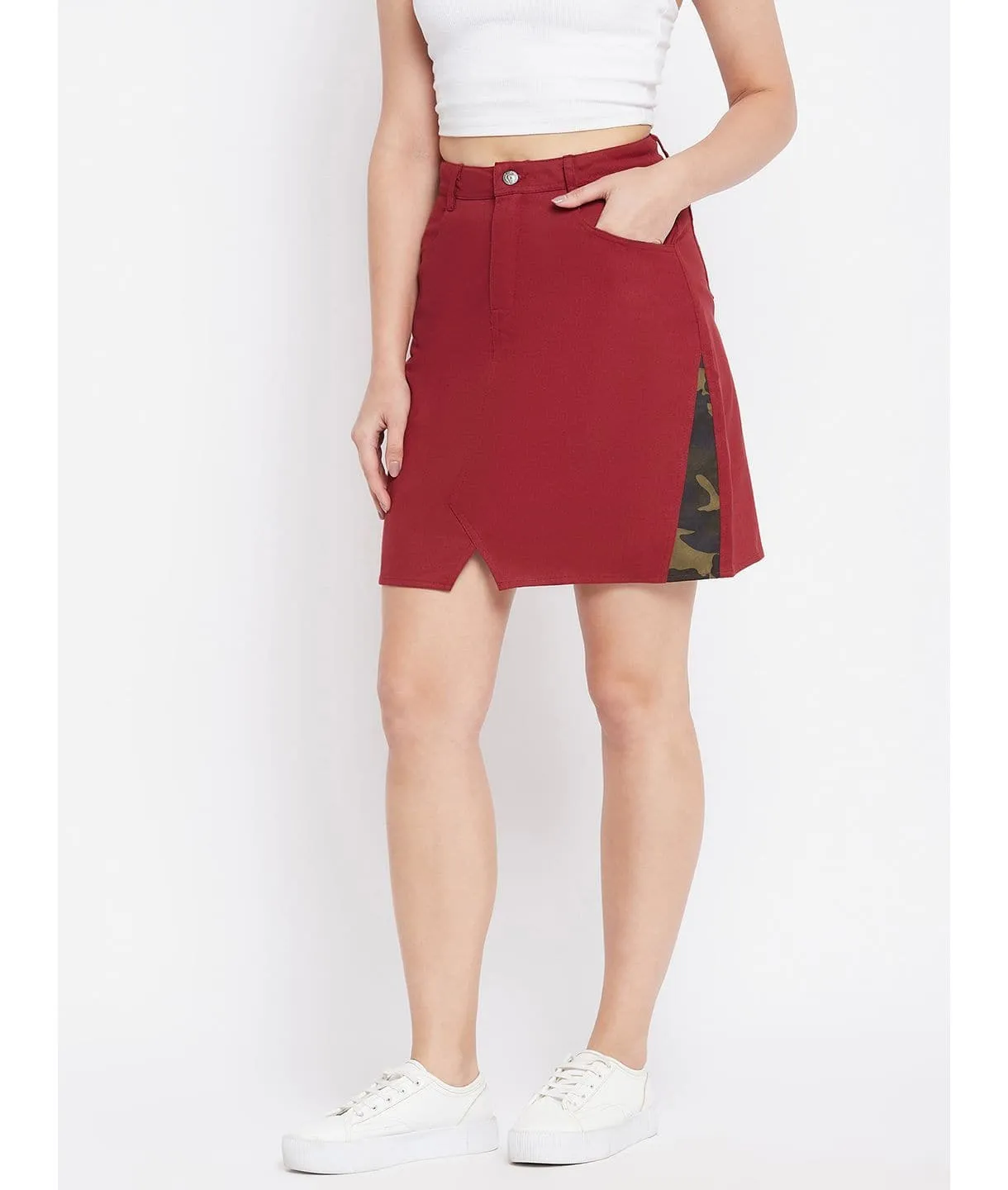 Stretchable Knee length Side Patch Denim Skirt