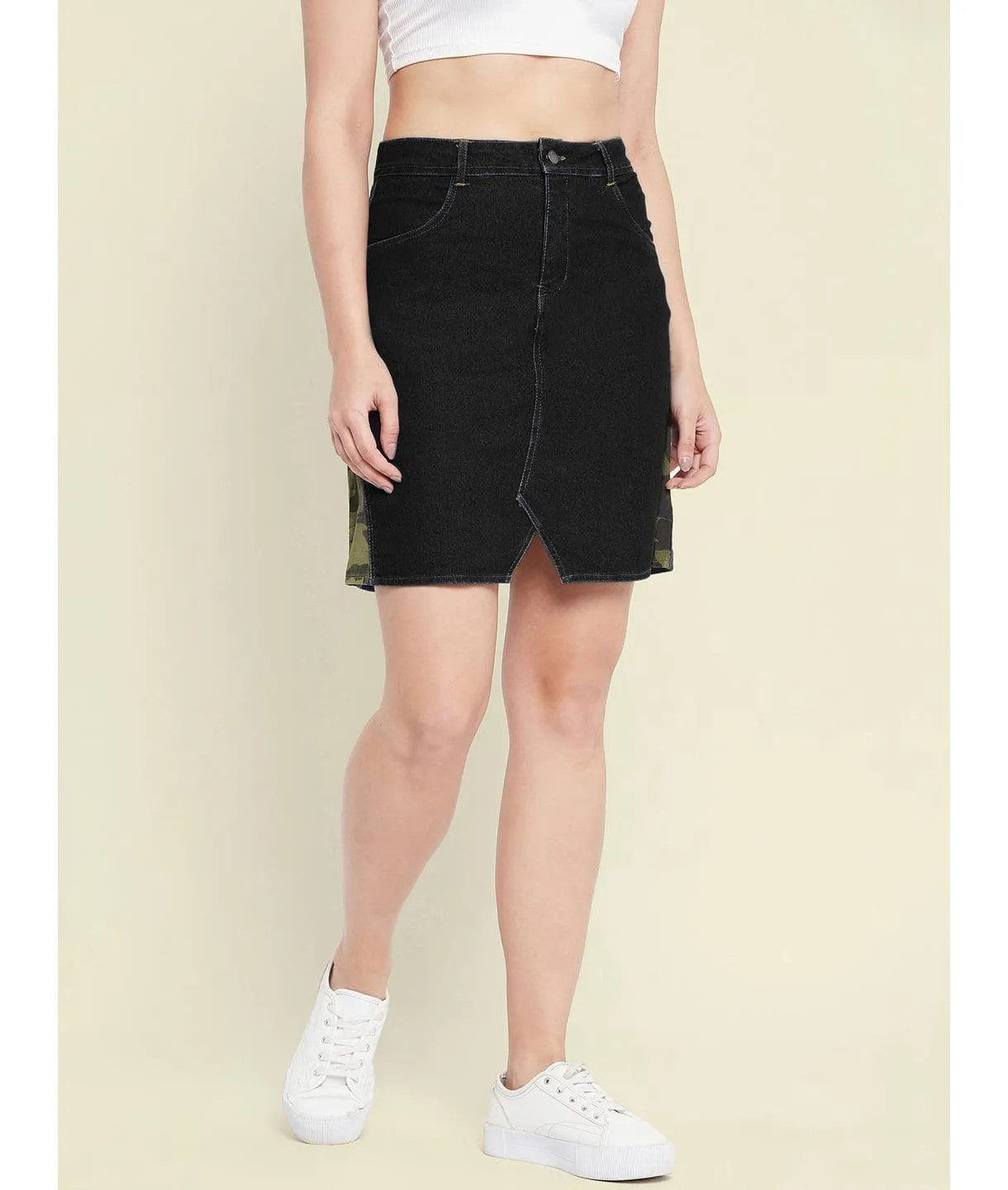 Stretchable Knee length Side Patch Denim Skirt