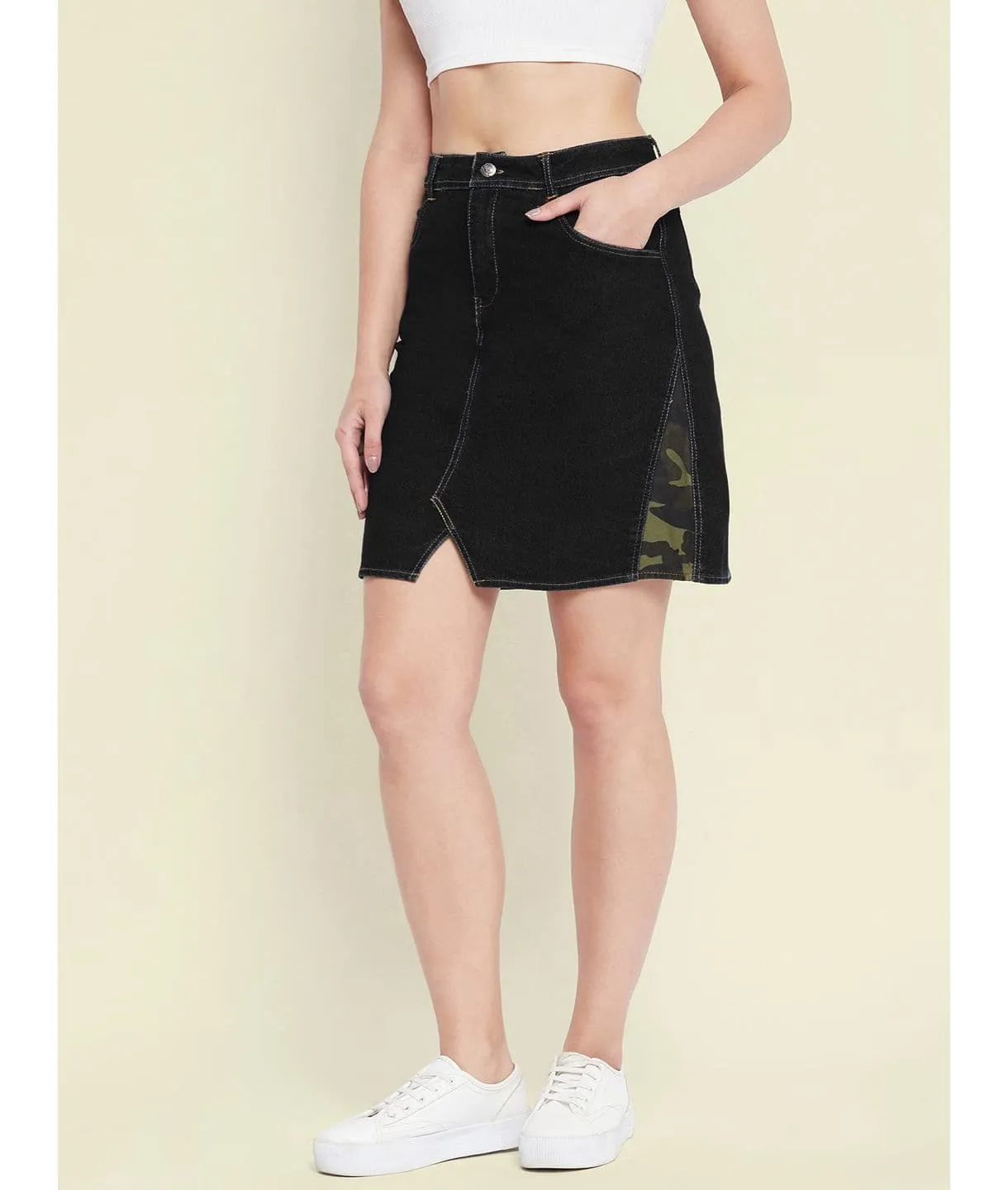 Stretchable Knee length Side Patch Denim Skirt