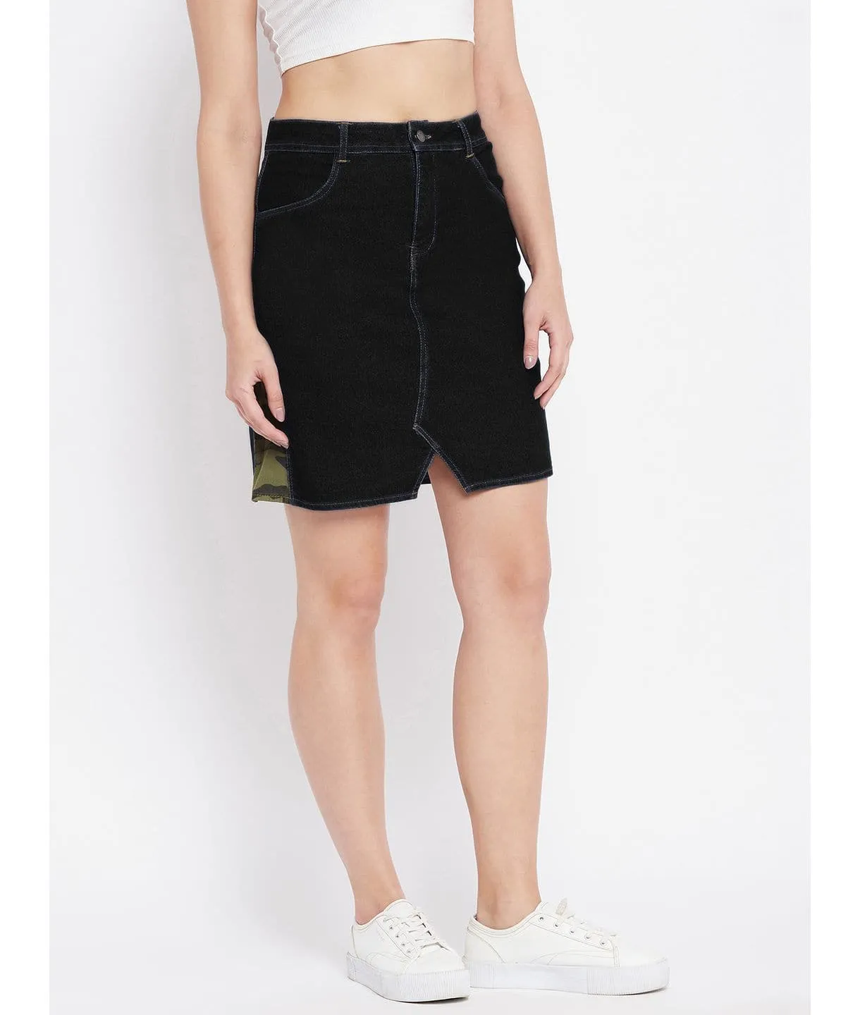 Stretchable Knee length Side Patch Denim Skirt