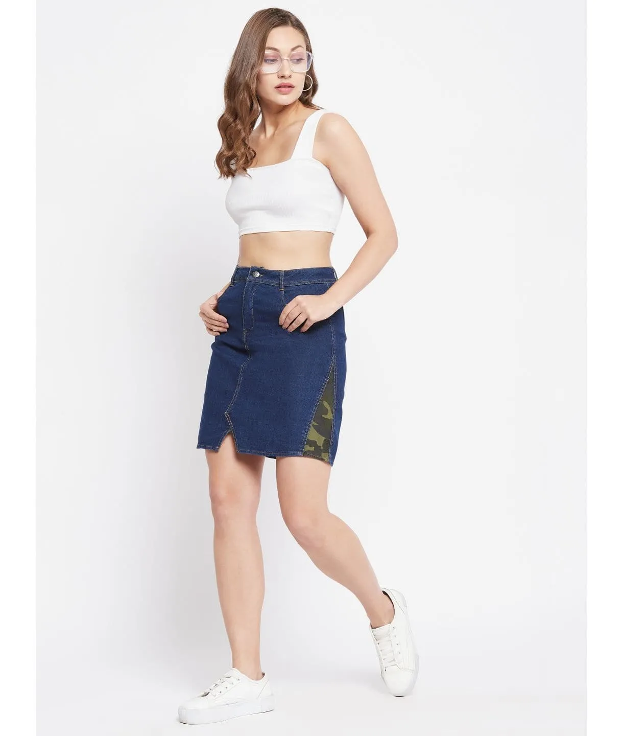 Stretchable Knee length Side Patch Denim Skirt