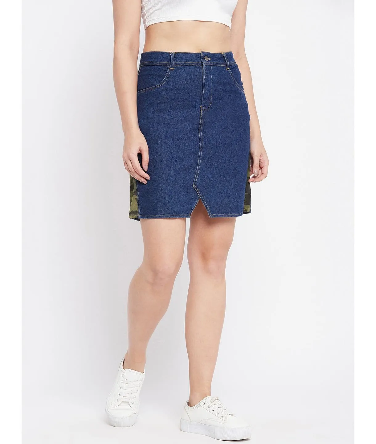 Stretchable Knee length Side Patch Denim Skirt