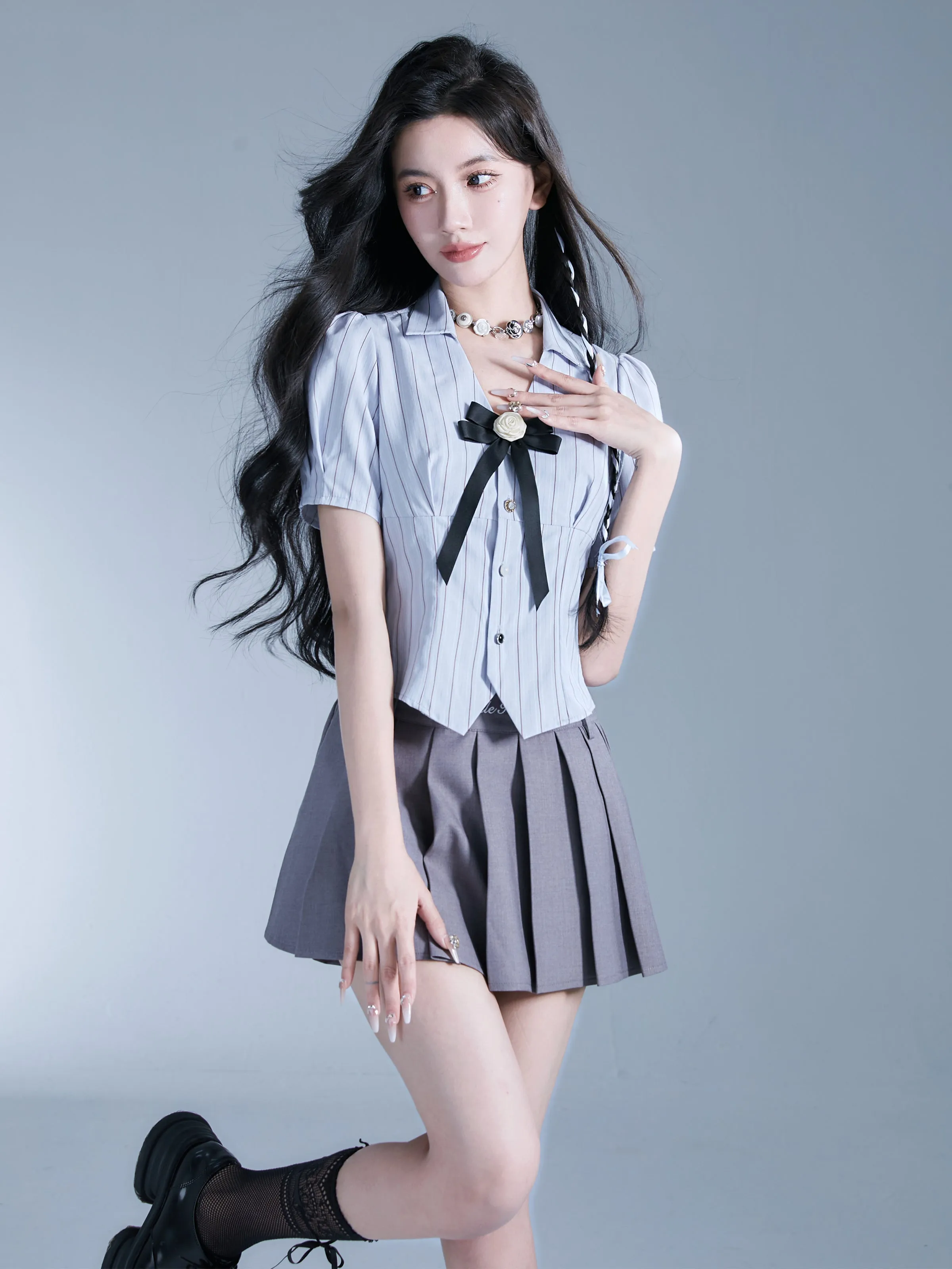 Stripe Pleats Rose Ribbon Blouse&Mini-Skirt