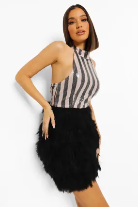 Stripe Sequin Feather Skirt Mini Dress