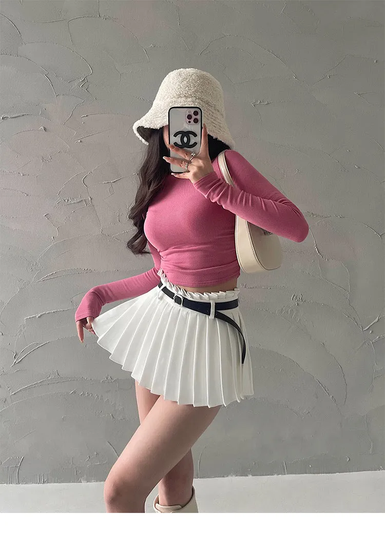 Sunny Solid Color High Belt Waist Pleated Mini Skirt