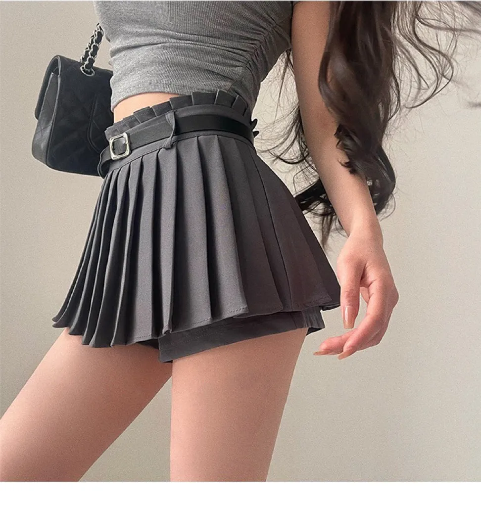 Sunny Solid Color High Belt Waist Pleated Mini Skirt