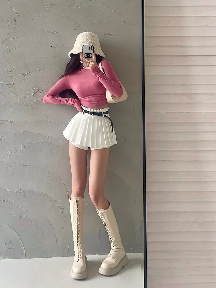 Sunny Solid Color High Belt Waist Pleated Mini Skirt