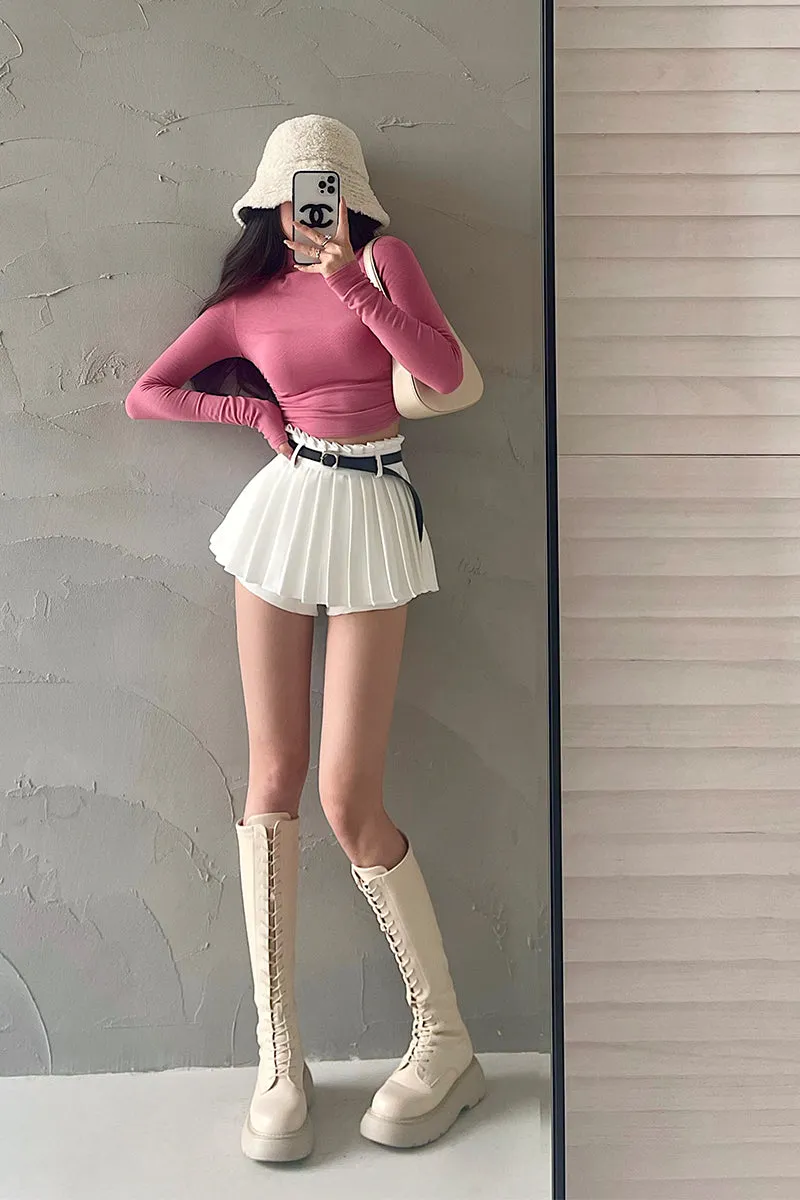 Sunny Solid Color High Belt Waist Pleated Mini Skirt