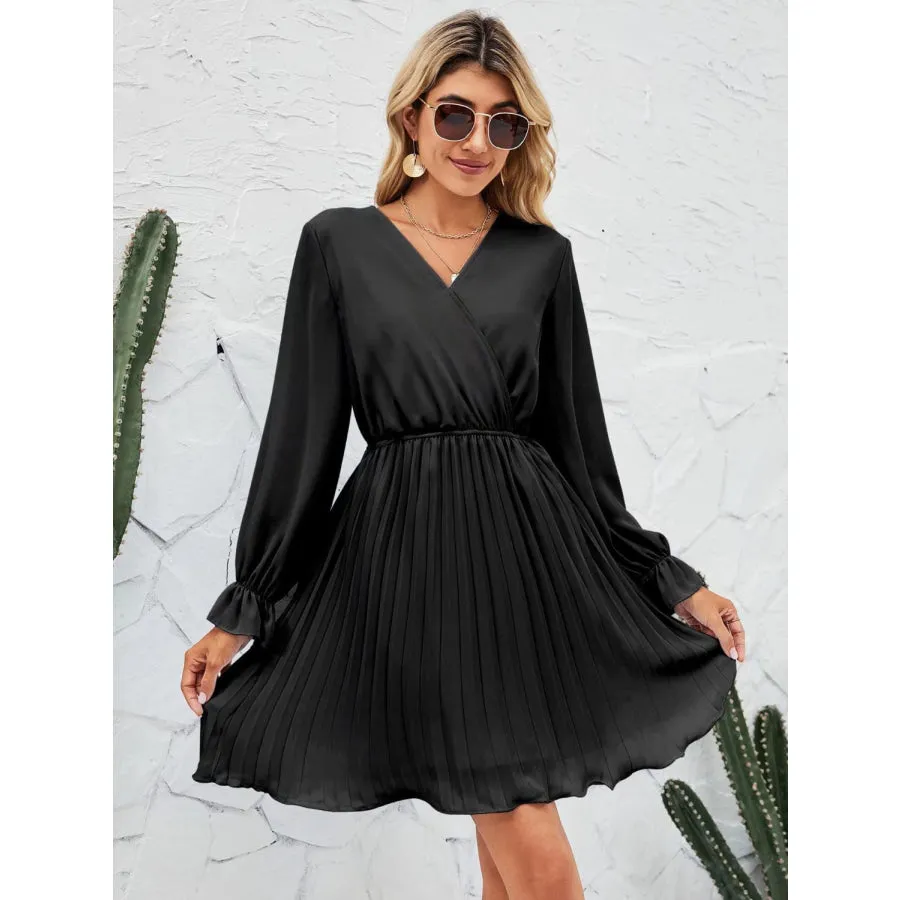 Surplice Flounce Sleeve Pleated Mini Dress