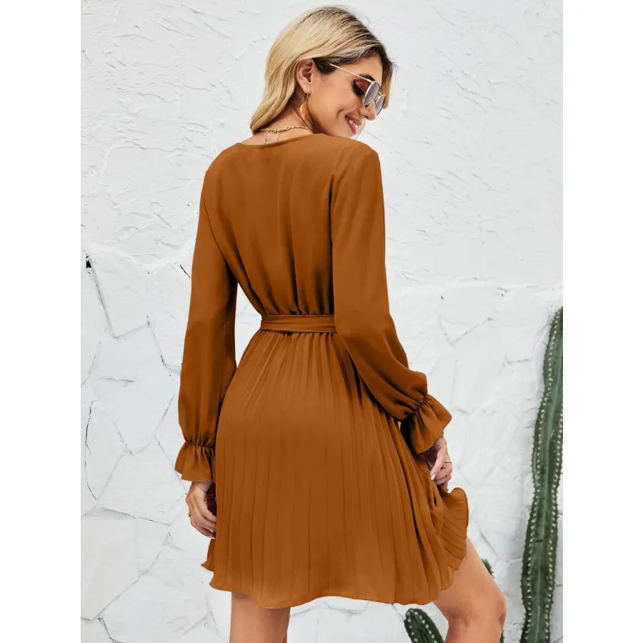 Surplice Flounce Sleeve Pleated Mini Dress