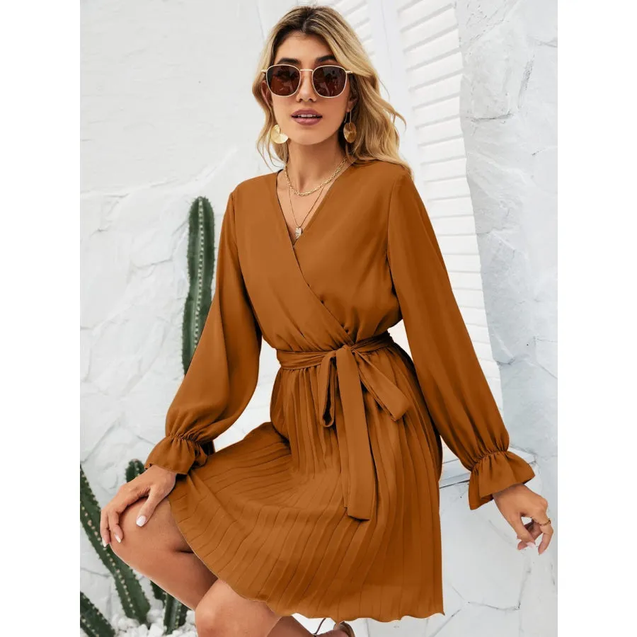 Surplice Flounce Sleeve Pleated Mini Dress