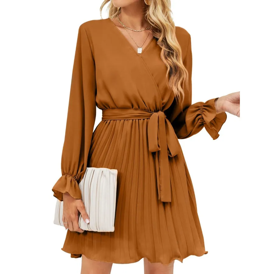 Surplice Flounce Sleeve Pleated Mini Dress