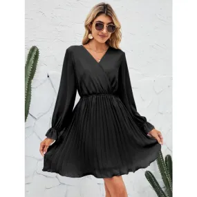 Surplice Flounce Sleeve Pleated Mini Dress