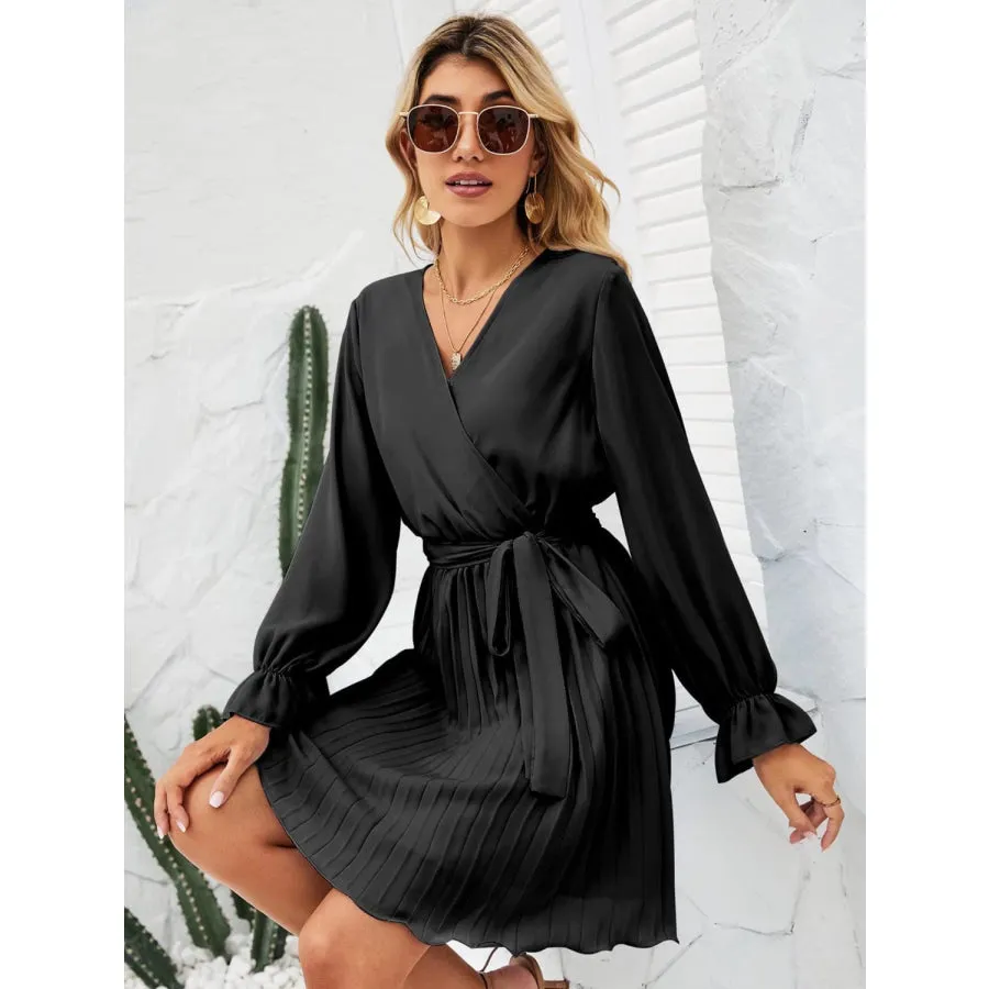 Surplice Flounce Sleeve Pleated Mini Dress