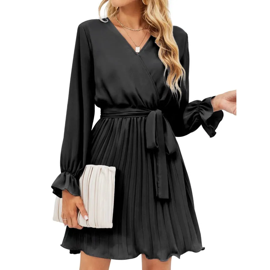 Surplice Flounce Sleeve Pleated Mini Dress