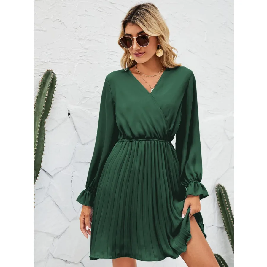 Surplice Flounce Sleeve Pleated Mini Dress