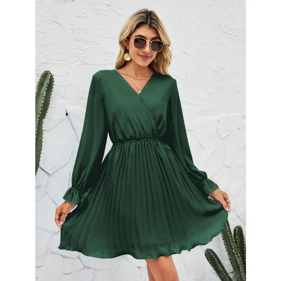 Surplice Flounce Sleeve Pleated Mini Dress