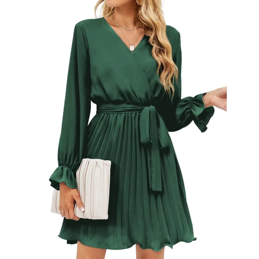 Surplice Flounce Sleeve Pleated Mini Dress