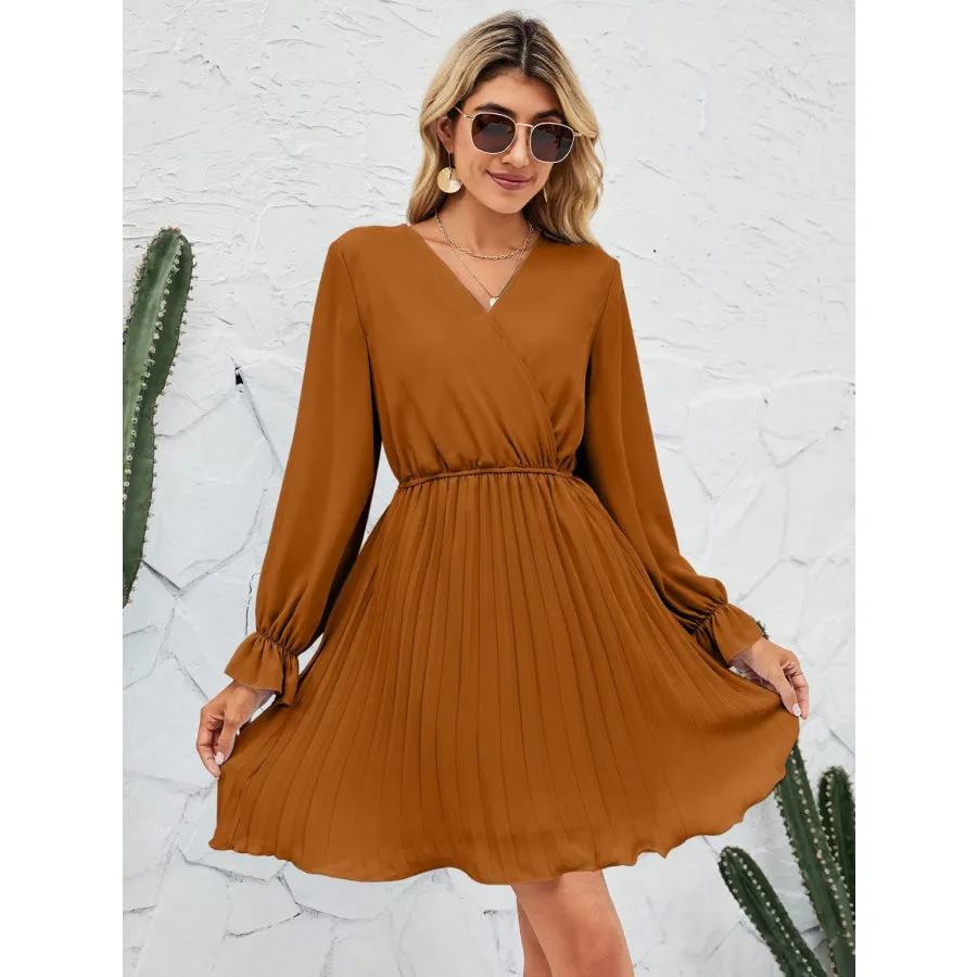 Surplice Flounce Sleeve Pleated Mini Dress