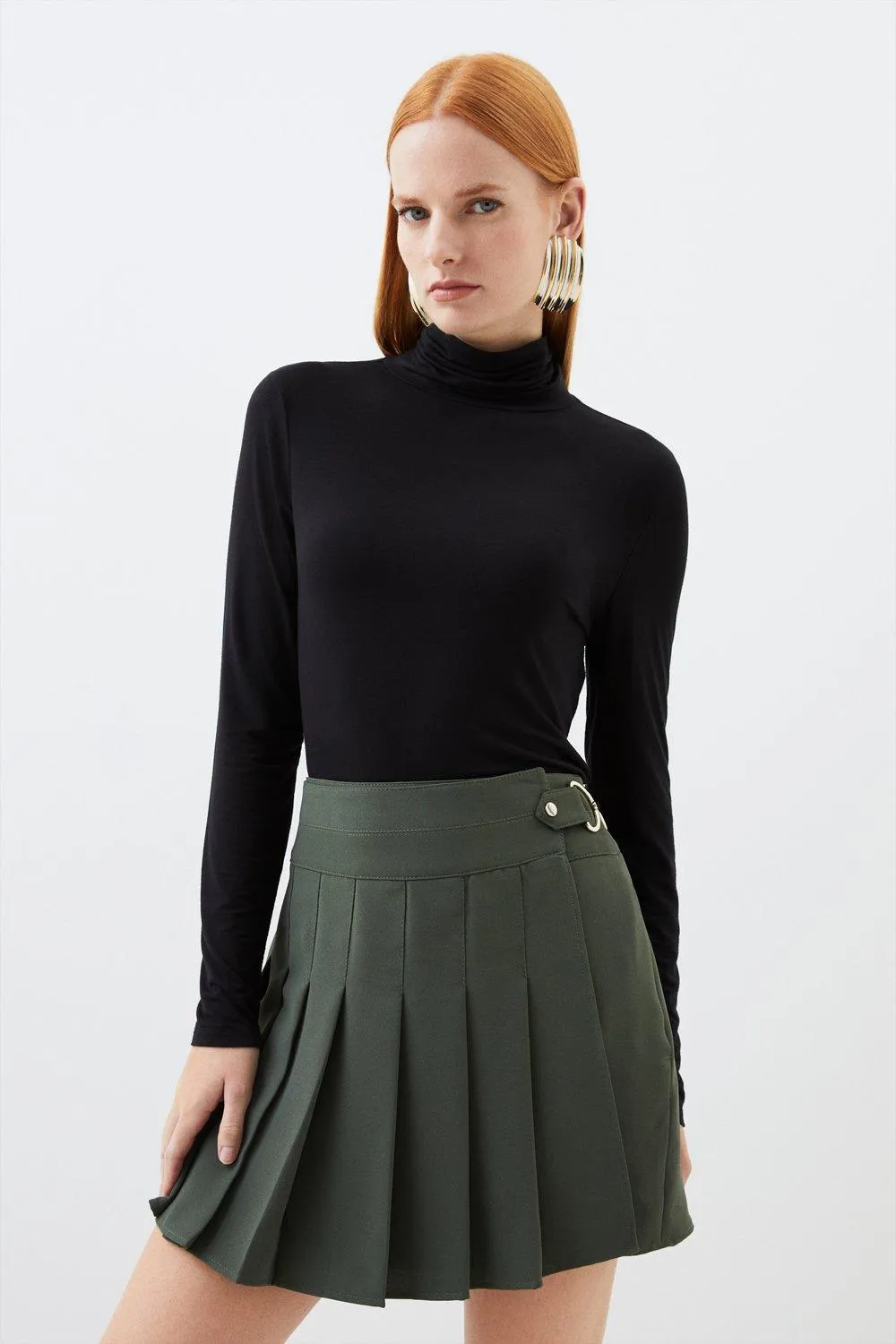 Tailored Crepe Tab Detail Pleated Mini Skirt | Karen Millen