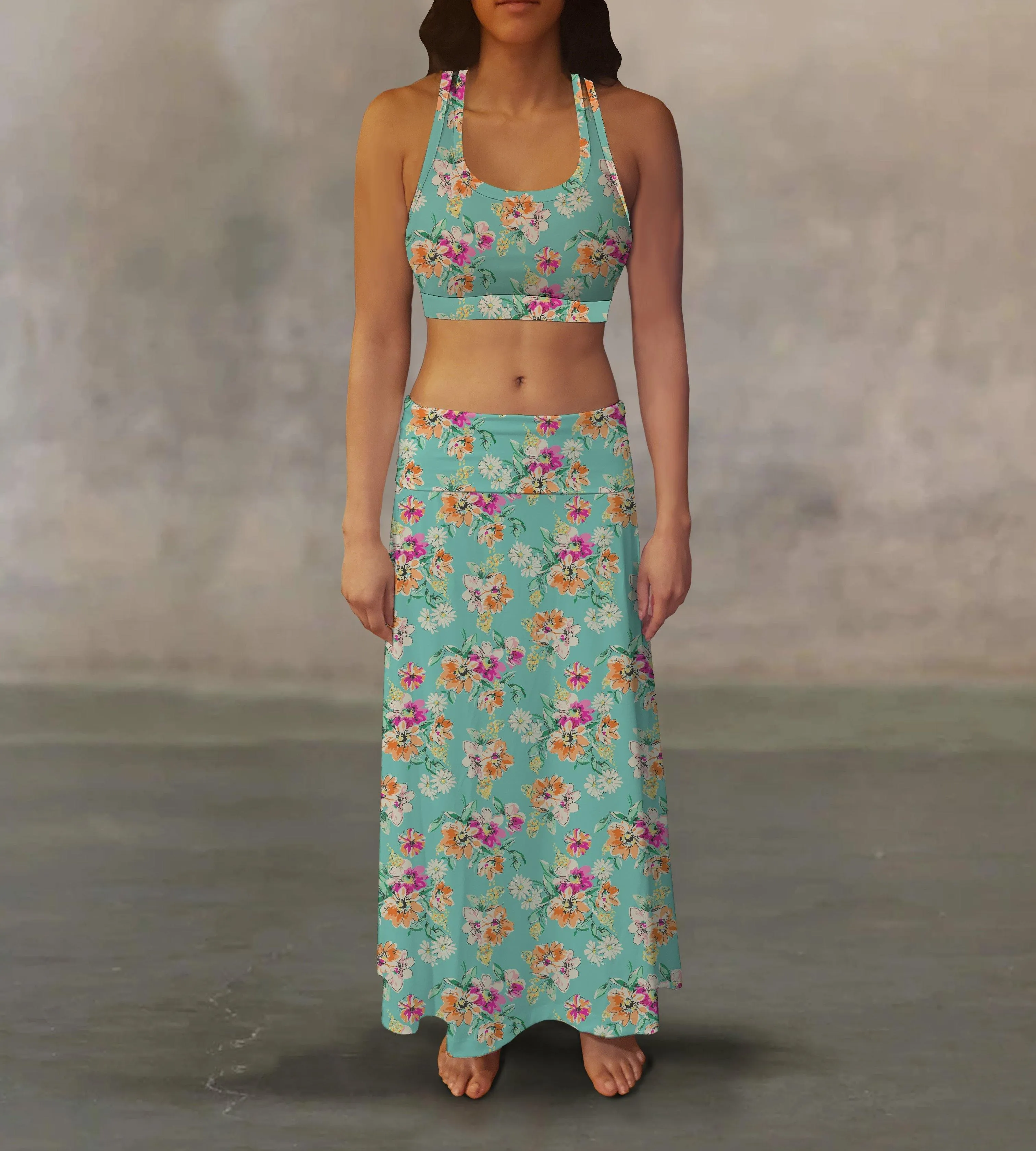 Teal Wild FLowers Maxi Skirt