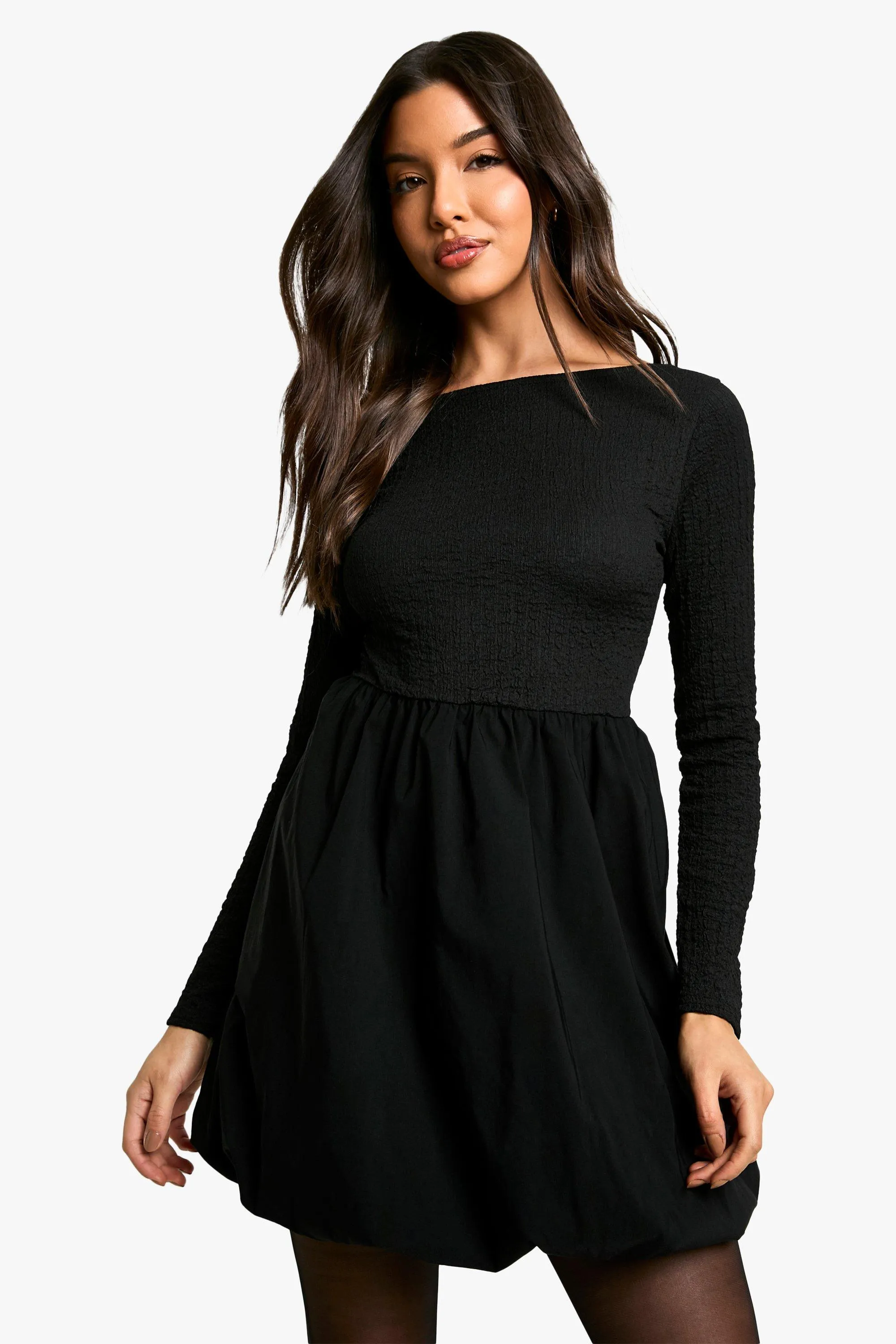 Texture Long Sleeve Volume Skirt Mini Dress