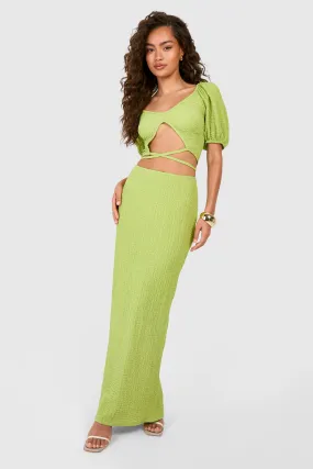 Textured Puff Sleeve Tie Waist Crop & Maxi Skirt