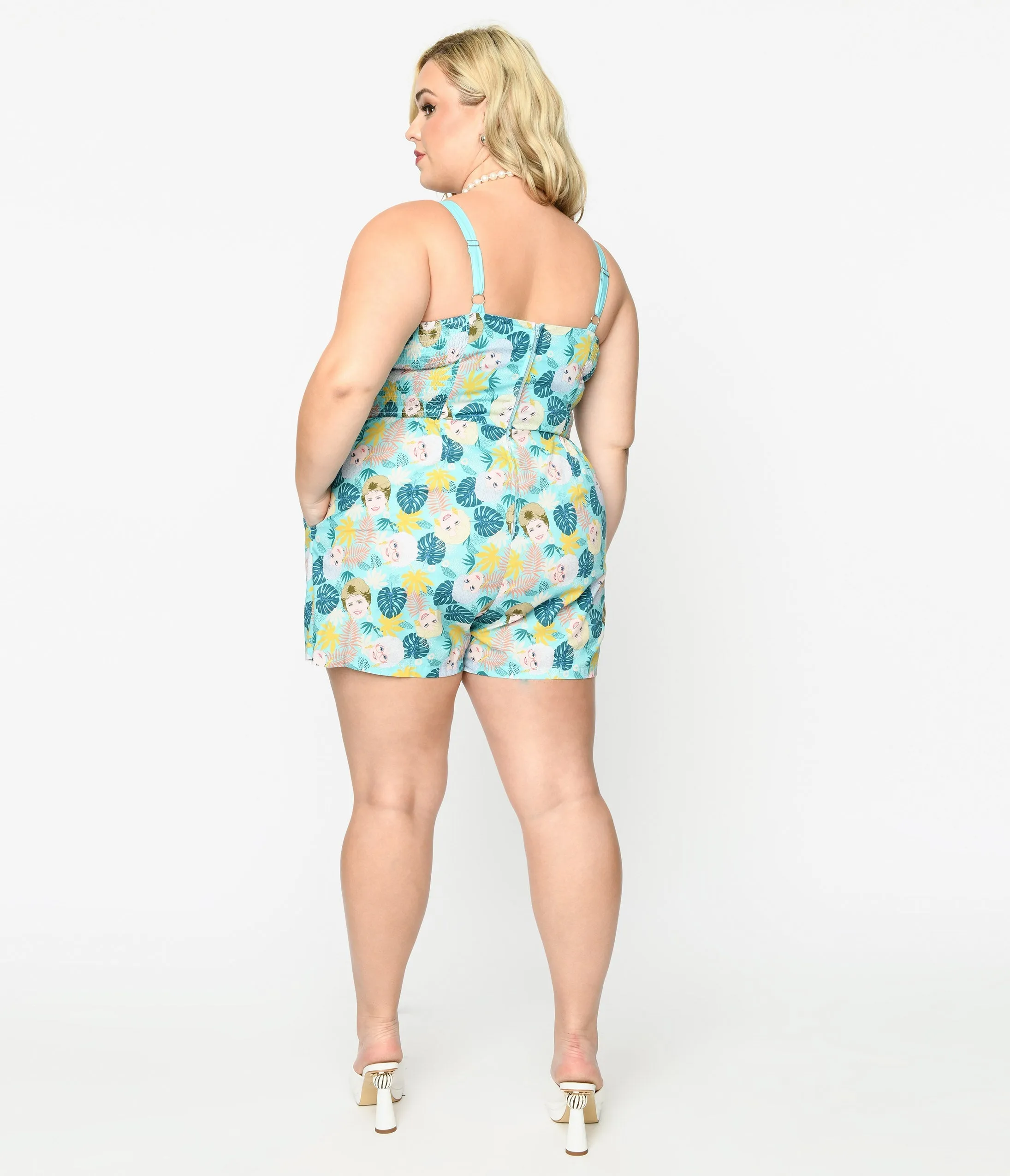 The Golden Girls x Unique Vintage Plus Size Aqua Character Print Skirted Dolly Romper