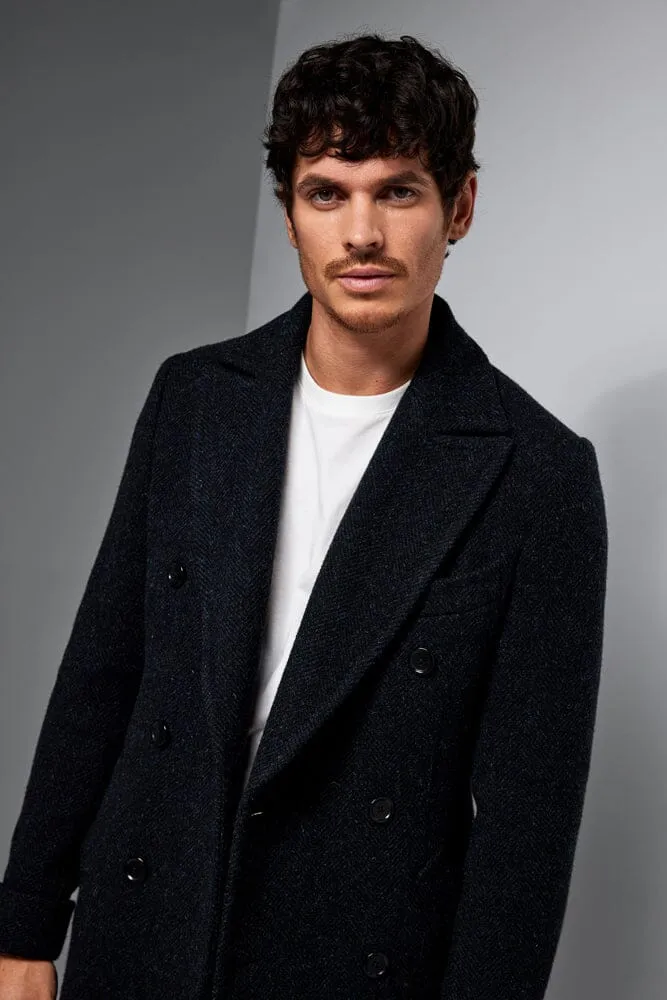 The Macpherson Long Overcoat - Navy & Black Wool